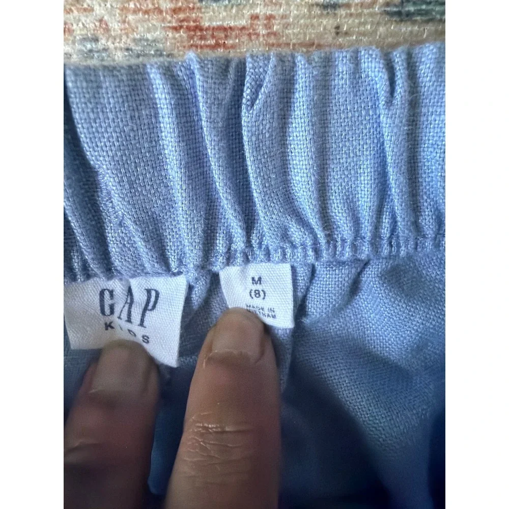 Gap Kids Blue Linen Blend Wide Leg Cargo Pants Sz M 8-9 Elastic Waist Drawstring